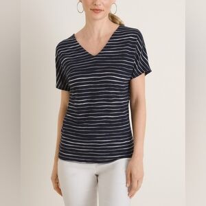 Chico's Size 0 / Size Small Linen Navy & White Striped V Neck Short Sleeve Shirt